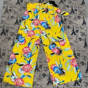 The Sang NWT! Yellow Floral Print Belt Included Wide Leg Pant Size S